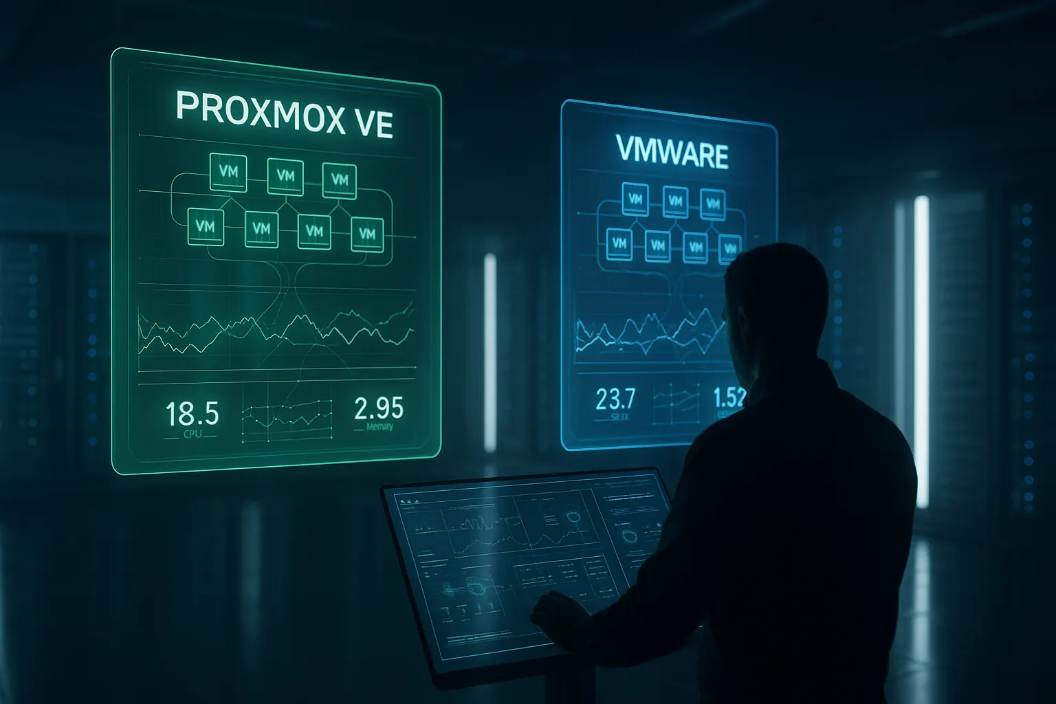 Proxmox vs VMware : illustration du comparatif dans un centre de données futuriste, représentant deux serveurs virtuels holographiques observés par un ingénieur IT.