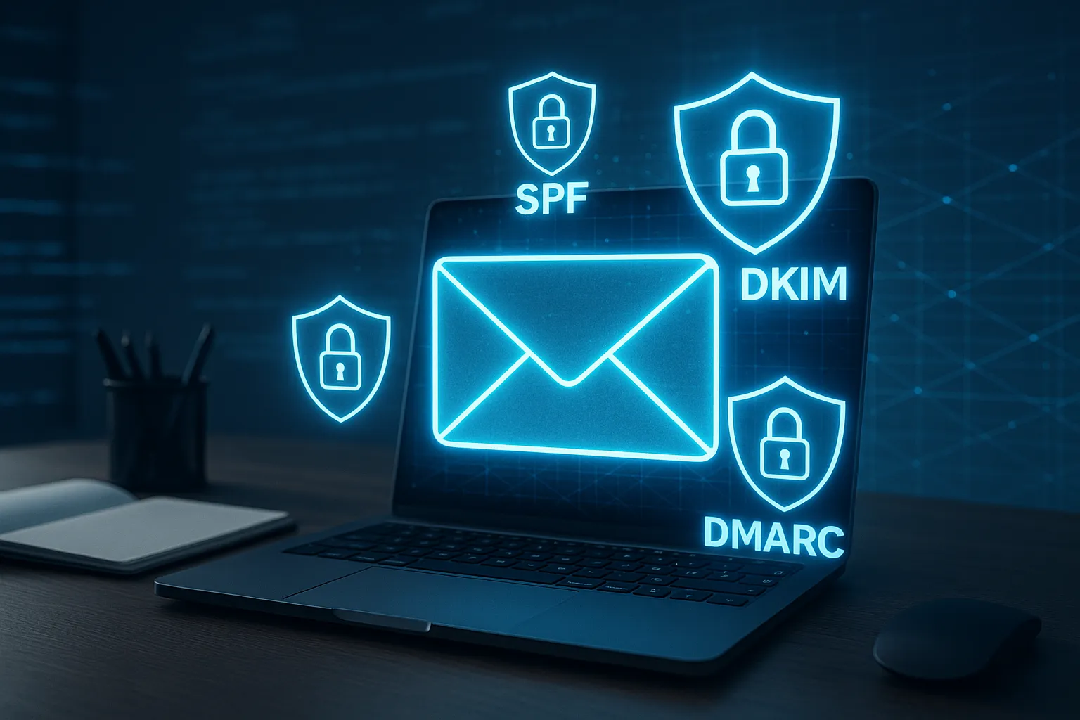 Sécurité des e-mails : illustration de la protection des messages grâce à SPF, DKIM et DMARC.