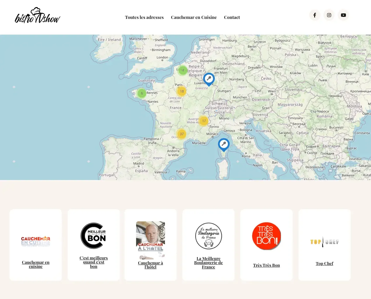 Capture d'écran du site WordPress Bistrotvshow conçu par CodeIQ, avec intégration de cartes dynamiques Leaflet.