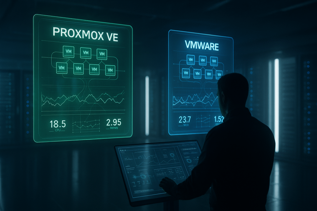 Proxmox vs VMware Illustration du comparatif dans un centre de données futuriste, représentant deux serveurs virtuels holographiques observés par un ingénieur IT.