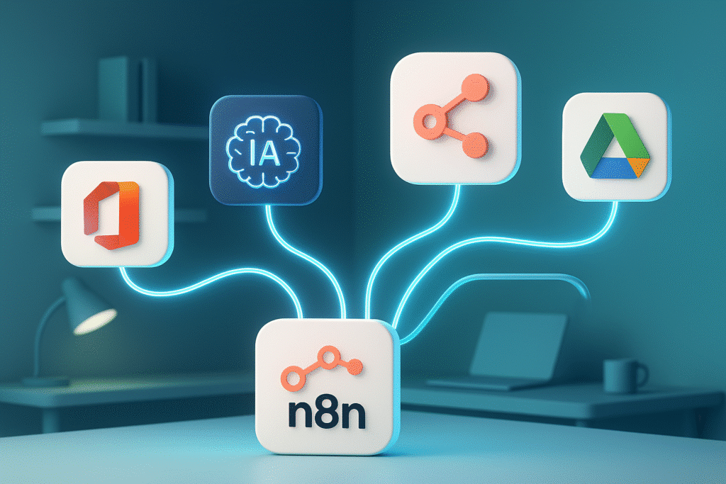 Illustration de l’automatisation d’entreprise avec n8n et Make, montrant des applications interconnectées dans un environnement digital futuriste.