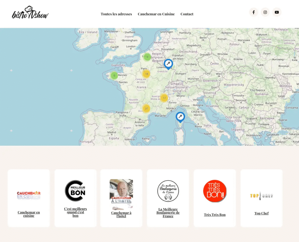 Capture d’écran du site WordPress Bistrotvshow conçu par CodeIQ, avec intégration de cartes dynamiques Leaflet.